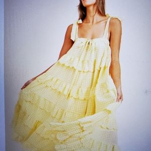 NEW WITHOUT TAGS  MABLE YELLOW  WHITE  GINGHAM BOHO WOMEN'S MAXI DRESS  SIZE S/M